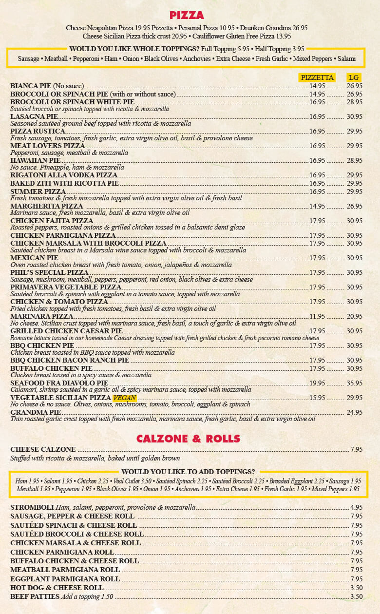 Italian specialties Pizzeria & Restaurant Flushing, NY Our Menu